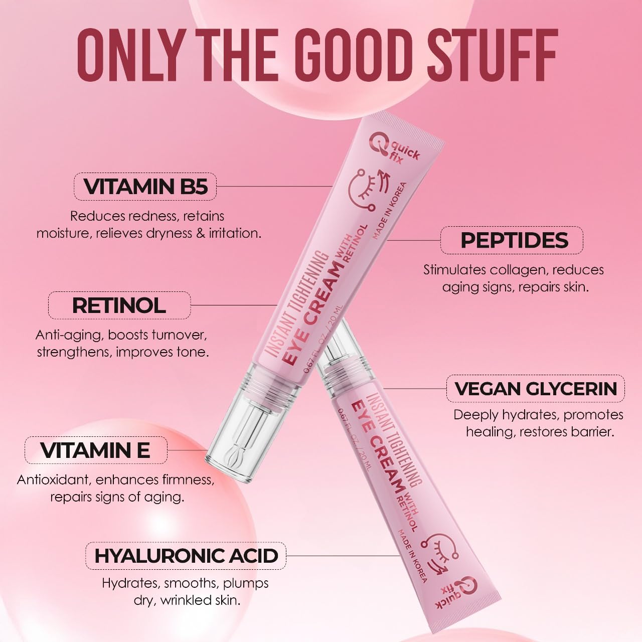 Quick Fix Retinol Instant Eye Tightener Cream – Reduces Wrinkles, Dark Circles & Puffiness – Dermatologist Tested, Anti-Aging, Korean Skin Care – Clean Beauty, Cruelty-Free, Vegan – .67 Fl Oz