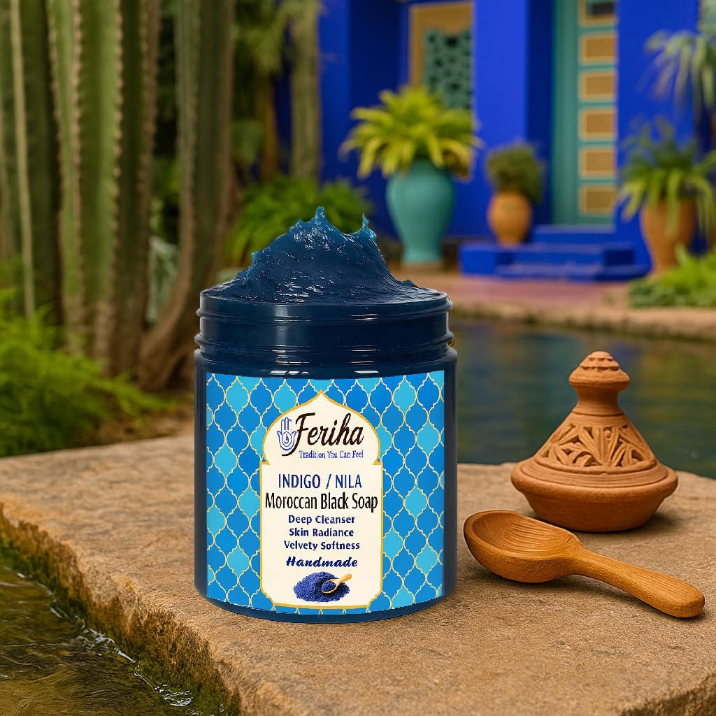 Feriha Moroccan Black Soap, Indigo, Sahara Nila, 100% Natural, Artisan Beldi Soap, Crafted & Packed in Morocco - Traditional Hammam Formula