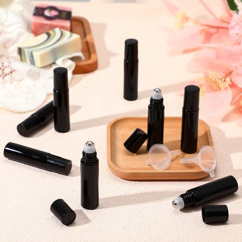 SEEWEY 96 Pcs Essential Oil Roller Bottles 10ml Empty Glass Roller Bottles with Stainless Steel Roller Balls Protection Leakproof with 5 Funnel for Travel Perfume Lip Gloss (Black)
