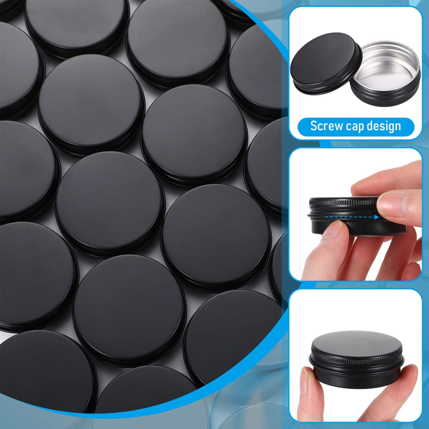 Patelai 64 Pieces Lip Balm Tin Containers Screw Top Round Tin Cans Aluminum Jar with Screw Lid, Empty Bottle Travel Cosmetic Sample Container for DIY(1 oz,Matte Black)