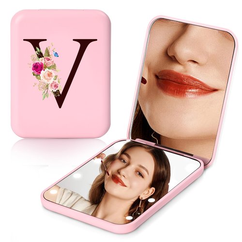 KEWWADB Travel Mirror with Lights, Initials Portable Compact Mirror, Travel Essentials, Suitable for Teen Girls, Young Women Gifts Ideas, Birthdays Gifts(Pink) (V)