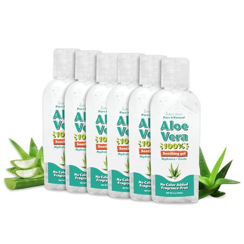 Eden Dews Organic Aloe Vera Gel 100% Pure & Natural Gel, Moisturizing, Face Skin & Hair Care, Sun Burn Relief, Hydrates & Soothes Acne, Razor Bumps, Made in USA, Travel Size, Unscented, 2 oz, 6-Pack