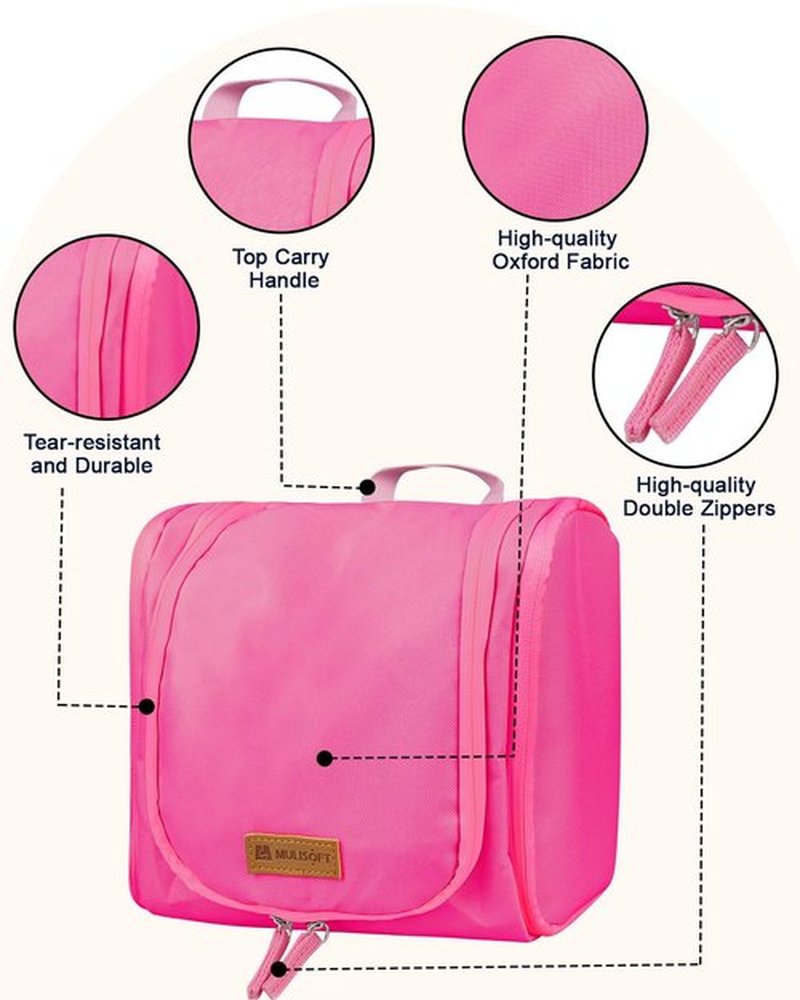 MULISOFT Toiletry Bag for Women, Hanging Travel Toiletry Bag with Large Capacity, Water-resistant Makeup Bag with 16 Compartments for Toiletries and Cosmetics, Toiletry Organizer Bag, Rose Pink