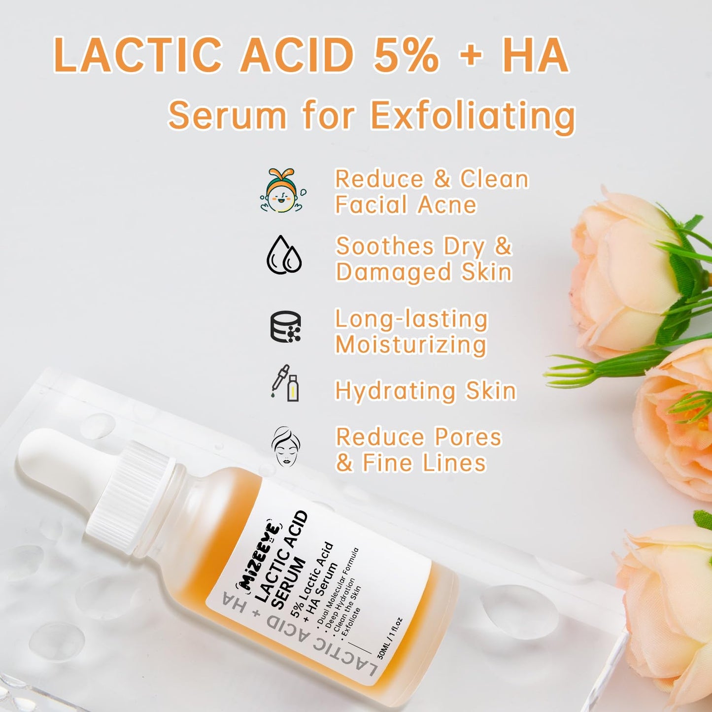 Lactic Acid Serum For Women, 30ML Moisturizing Lactic Acid 5% + Hyaluronic Acid Face Serum For Exfoliating, Dry Skin.