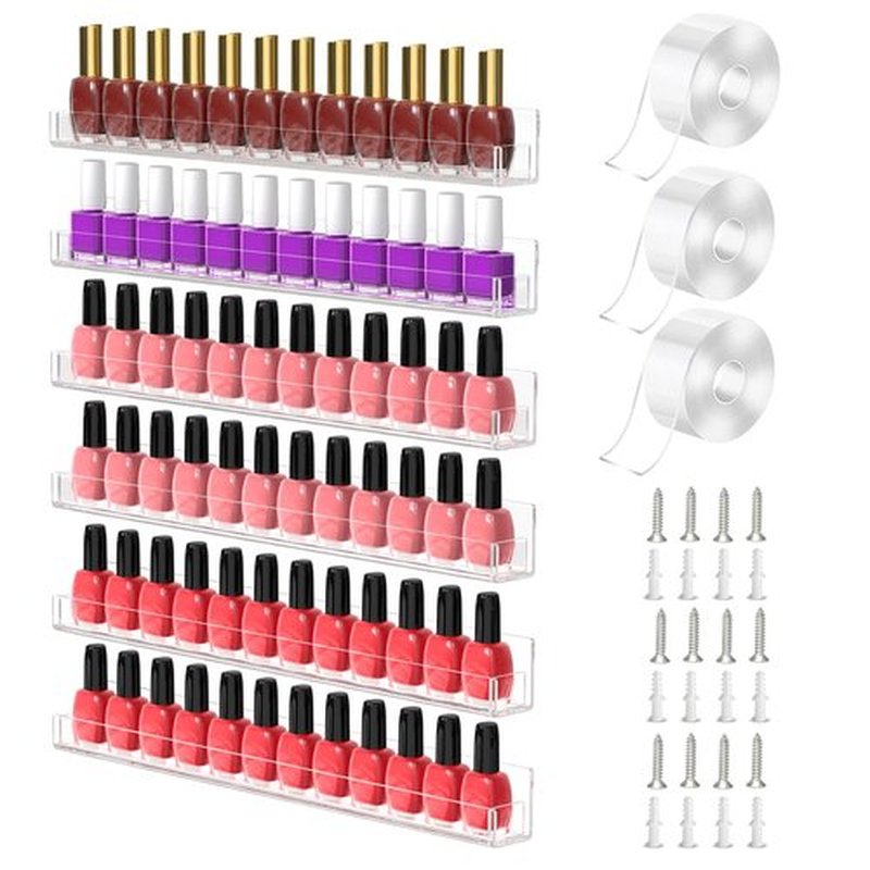 PMMASTO Adhesive Nail Polish Organizer Holder 15 Inch Clear Acrylic Wall Rack Shelf for 60-90 Bottles Nail Polish Display Rack For Nail Room Decor Organizer (6 Pack)