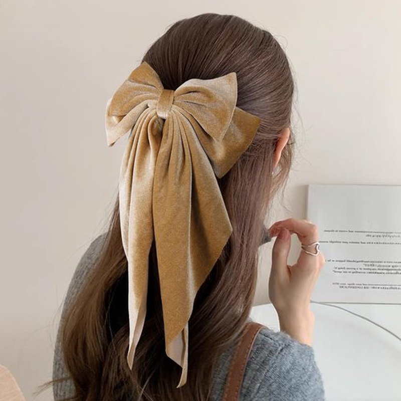 Khaki Velvet Hair Bows with Long Tail for Women Girls Thick Hair Ponytail Holder Decor Accessory, Velvet Ribbon Bow-Knot French Hair Barrette Clip Fall Winter Early Spring Headwear