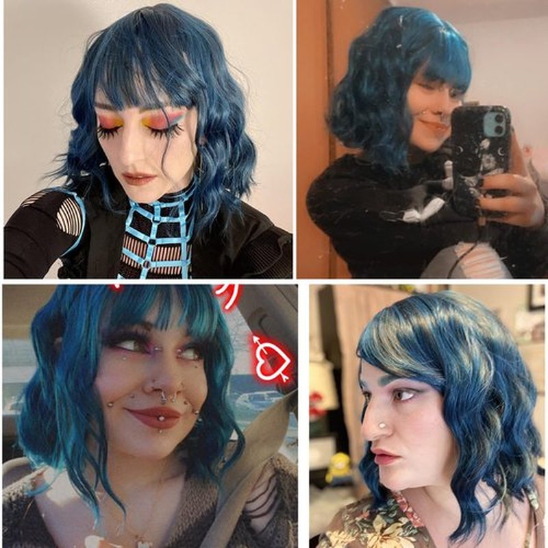 BERON Blue Wig Short Curly Wig for Women Mix Blue Wigs with Bangs Synthetic Wig Dark Blue Wigs with Wig Cap