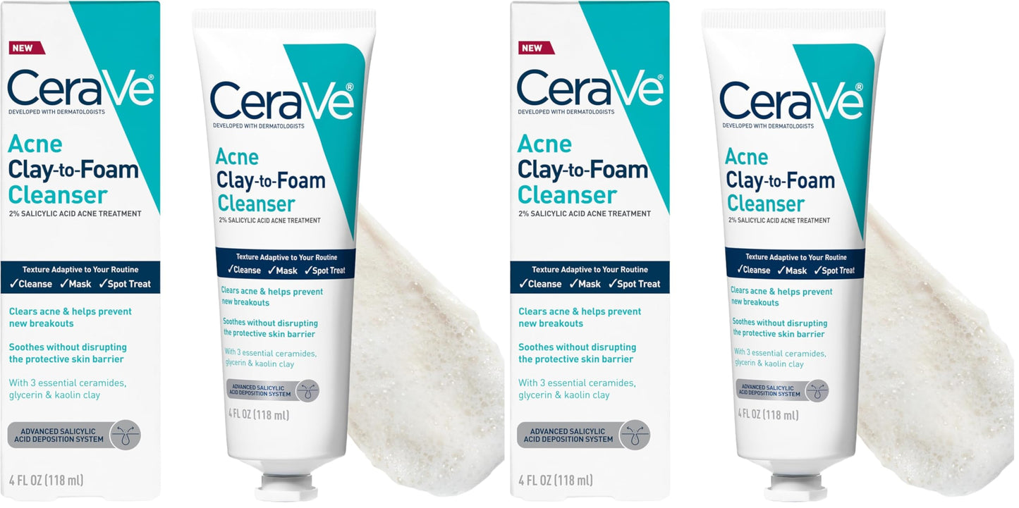 CeraVe Clay To Foam Acne Face Wash,Salicylic Acid & Kaolin Clay Acne Spot Treatment Clears Pimples & Blackheads, Prevents Breakouts, Hydrates & Soothes, Fragrance-Free, Non-Comedogenic,4oz,(Pack of 2)