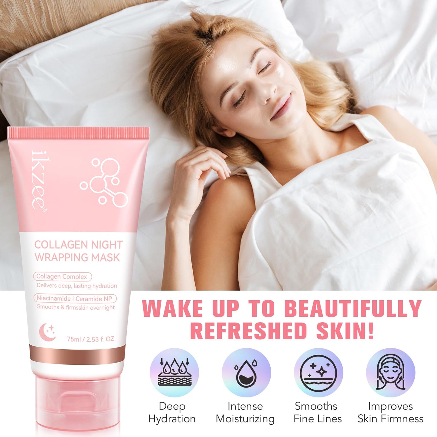 IKZEE Collagen Night Wrapping Mask, Overnight Peel Off Facial Mask with Hydrolyzed Collagen for Hydrated, Plumped & Smooth Skin