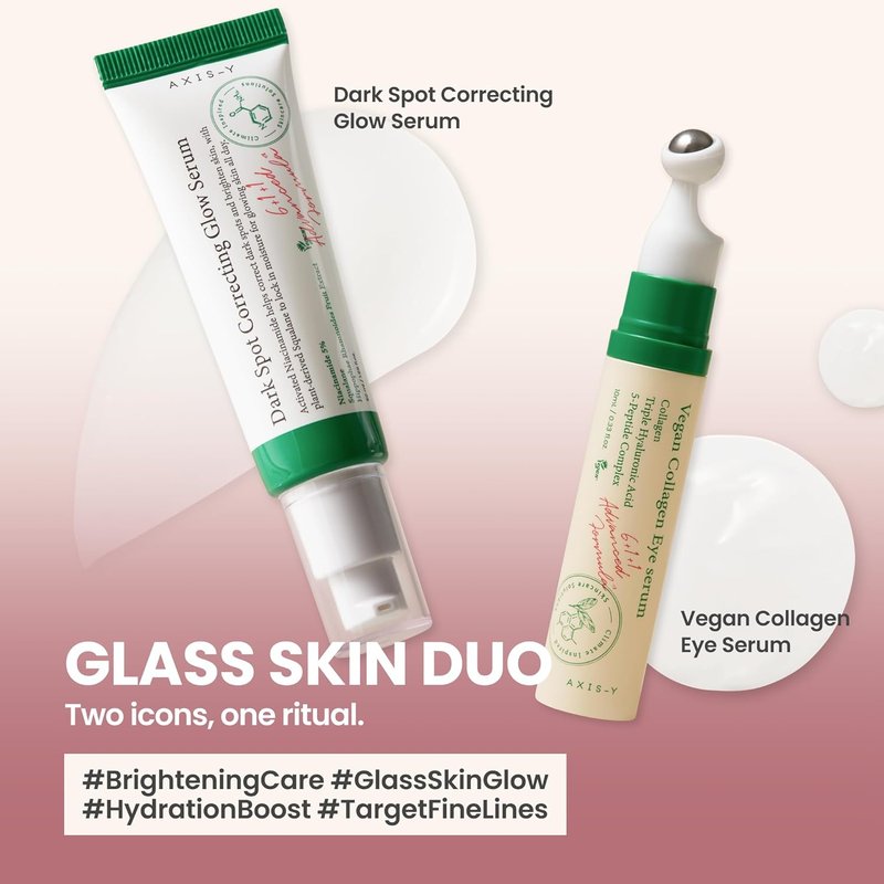 AXIS-Y Glass Skin Duo | Korean Skin Care Set for Dark Spot Correction & Anti-Aging | Vegan Collagen Eye Serum & Glow Serum