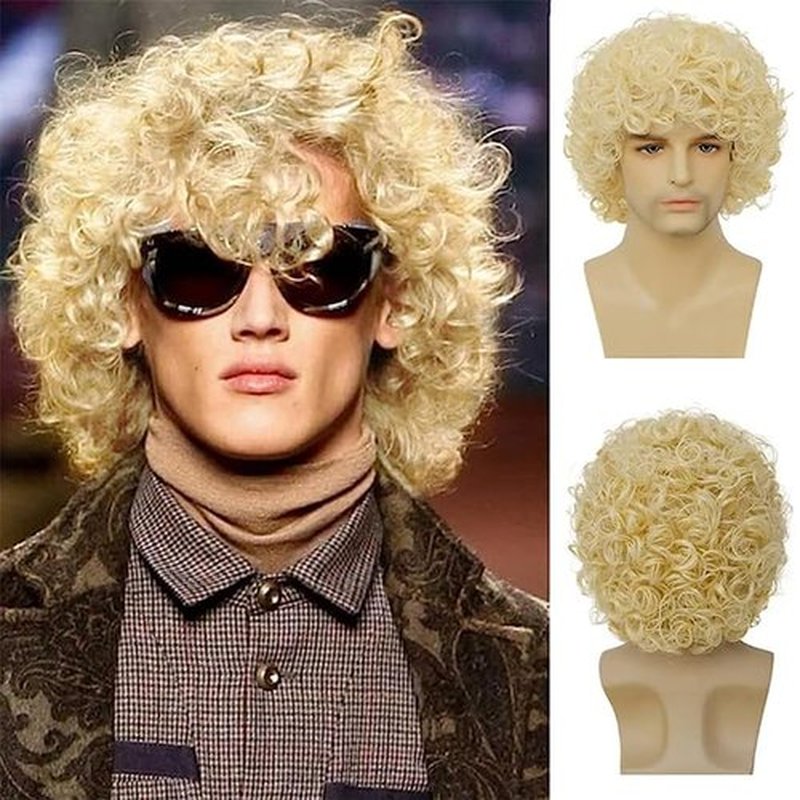 Dai Cloud Mens Curly Light Blonde Afro Wig Short Fluffy Rocker Wigs Cosplay Costume Daily Hair Wig for Male Guys