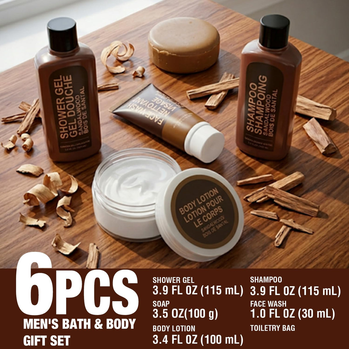 Gifts for Men 6pcs Sandalwood Gift Set Travel Size Toiletry with Shampoo, Body Lotion, Mens Gift Birthday Anniversary Gift Sets for Men, Christmas Self Care for Boyfriend Husband, Fathers Day Gifts