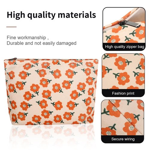 Wudimeitt Cosmetic bag Makeup bag Preppy Cute Corduroy Toiletry bag for women travel essentials (Flower orange)