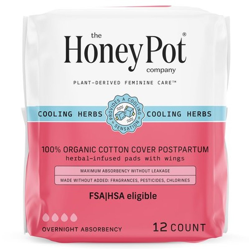 The Honey Pot Company - Herbal Postpartum Pads w/Wings - Infused w/Essential Oils for Cooling Effect, Organic Cotton Cover, & Ultra-Absorbent - Postpartum Essentials to fill your Postpartum Kit - 12ct