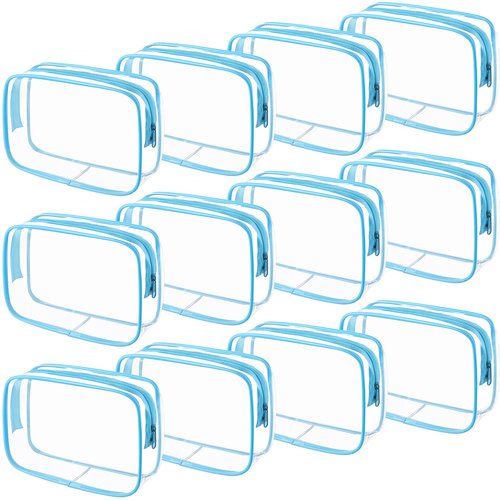 Weewooday 12 Pieces Clear Cosmetics Bag PVC Zippered Clear Toiletry Carry Pouch Cosmetic Makeup Bag Waterproof Makeup Bag Vinyl Plastic Organizer Case for Vacation Bathroom(Medium,Blue)