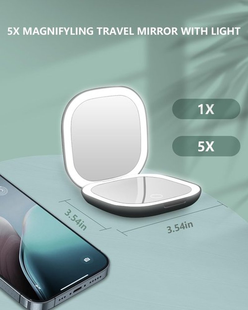 Dec.Metu Compact Mirror, 1X/5X Magnification Pocket Travel Makeup Mirror with Lights for Purse Rechargeable Small Handheld Mirror for Gift Black