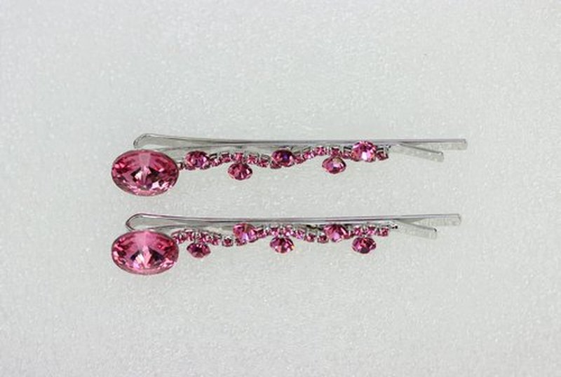 Faship A Pair Of Pink Premium Rhinestone Crystal Floral Hair Clips 2 Pcs Pins - Pink