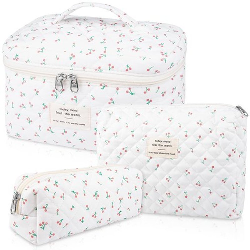 3PC Quilted Makeup Bag, Large Floral Makeup Bags for Women, Cute Cotton Cosmetic Bag Set, Flower Travel Toiletry Organizer Bags (white cherry)