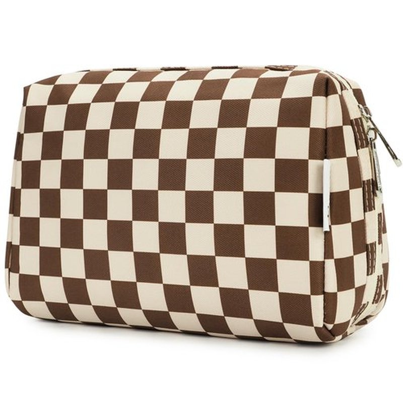 Large Checkered Makeup Bag Zipper Pouch Travel Cosmetic Organizer for Women (Large, Dark Checkerboard)
