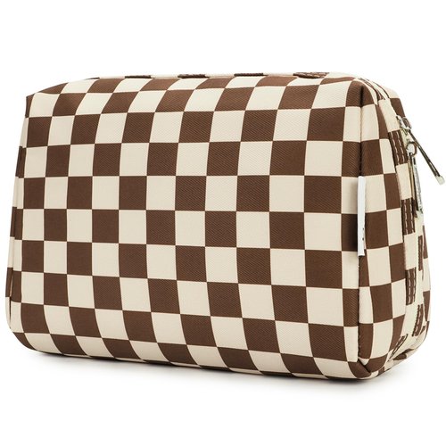 Large Checkered Makeup Bag Zipper Pouch Travel Cosmetic Organizer for Women (Large, Dark Checkerboard)