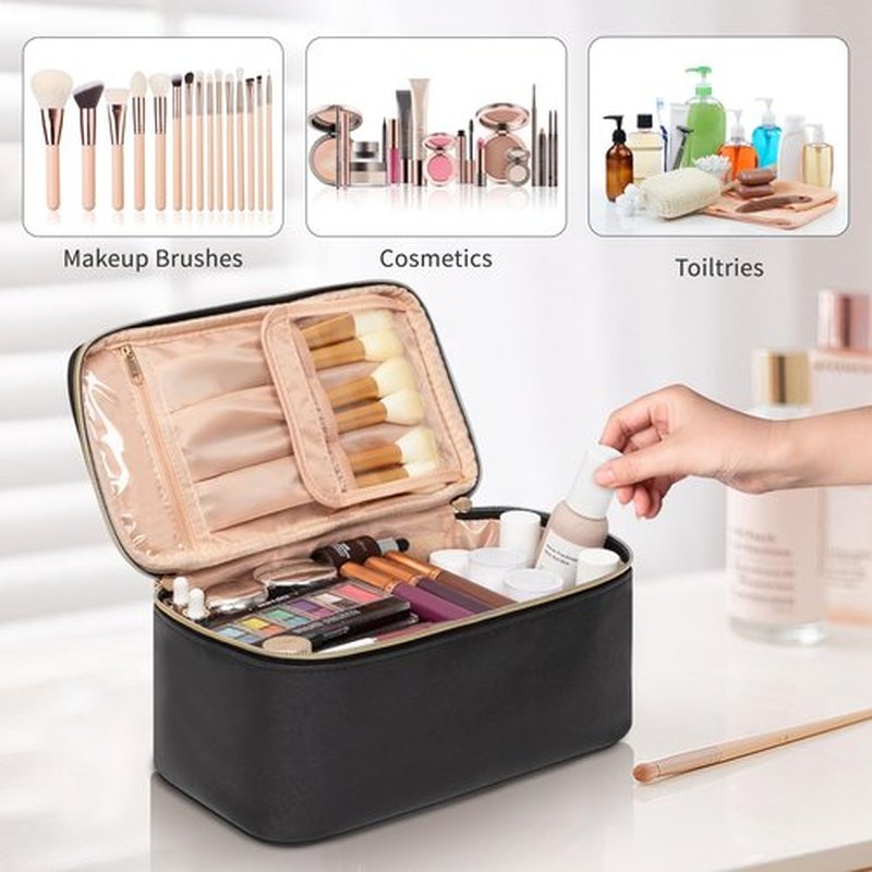 OCHEAL Makeup Bag, Travel Makeup Bag Organizer Waterproof Cosmetics Make Up Bag,Toiletry Bag for Women,Large Capacity for Girls Daily Use Dorm Room Storage with Brush Comparment Dividers -Black