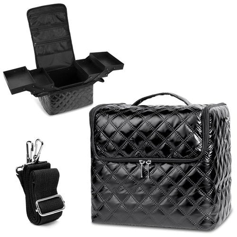 Travel Makeup Bag, 4 Trays Large Cosmetic Bag for Woman with Adjustable Dividers, Makeup Organizer Bag Waterproof, Travel Essentials Cosmetic Bag, Makeup Train Case for Nail Tech Black