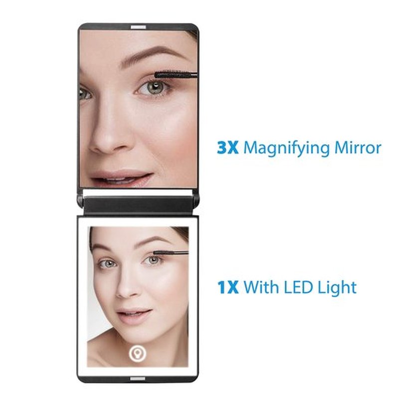 wobsion 300 Flip Folding Travel Mirror, 1x/3x Magnifying with 23 LEDs, Touch Dimmable, Rechargeable, Magnetic Switch, Black
