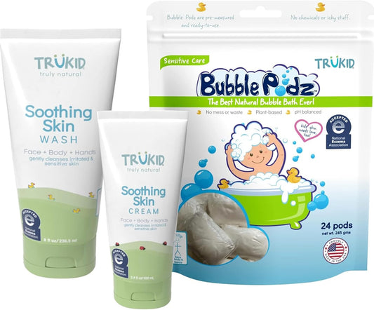 Eczema Relief Bundle - TruKid NEA-Accepted Bubble Bath, Skin Cream & Body Wash | All-Natural, Unscented, Hydrating Formula