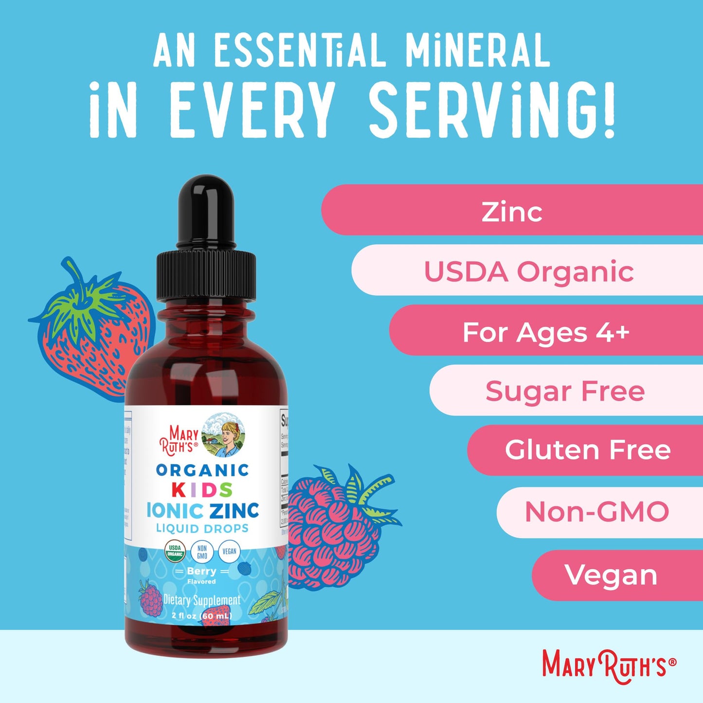 MaryRuth's Organic Liquid Zinc Drops for Kids, Immune Support, Vegan, 2oz
