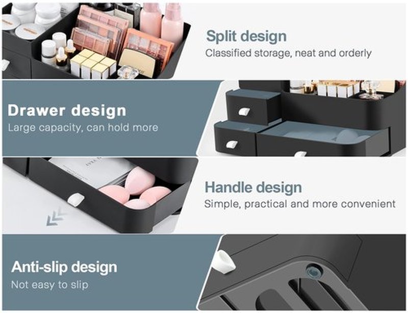 ONXE Makeup Organizer With Drawers,Large Countertop Storage for Cosmetics Elegant Vanity Holder for Brushes, Eyeshadow, Lotions, Lipstick, Nail Polish and Jewelry (black)