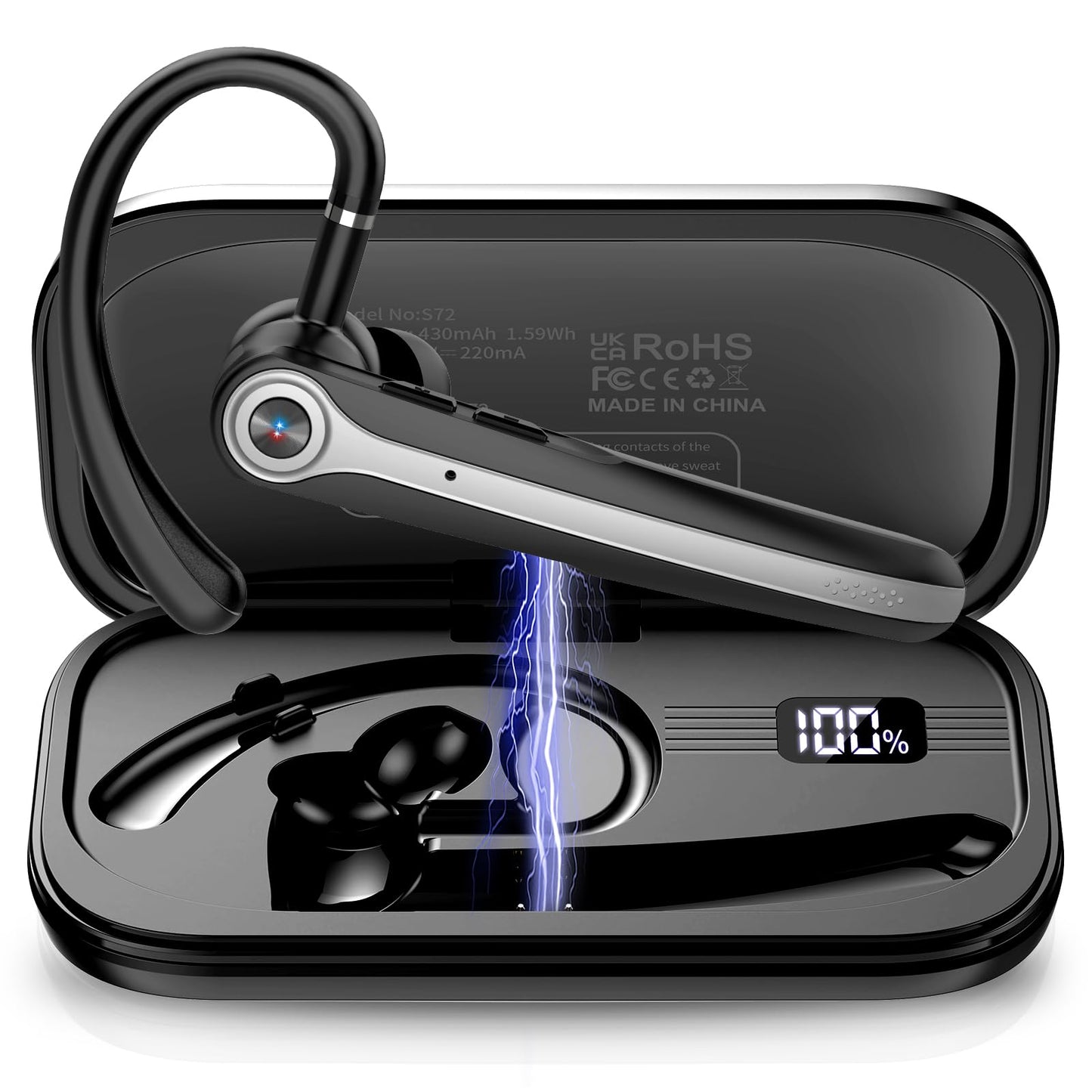 Bluetooth Headset, Wireless Bluetooth Earpiece with ENC Noise Canceling Mic, 120Hrs Talk Single-Ear Headphones, LED Display, IPX7, V5.4 Hand-Free Earphone for Business/Trucker/Driver (Bright Black)