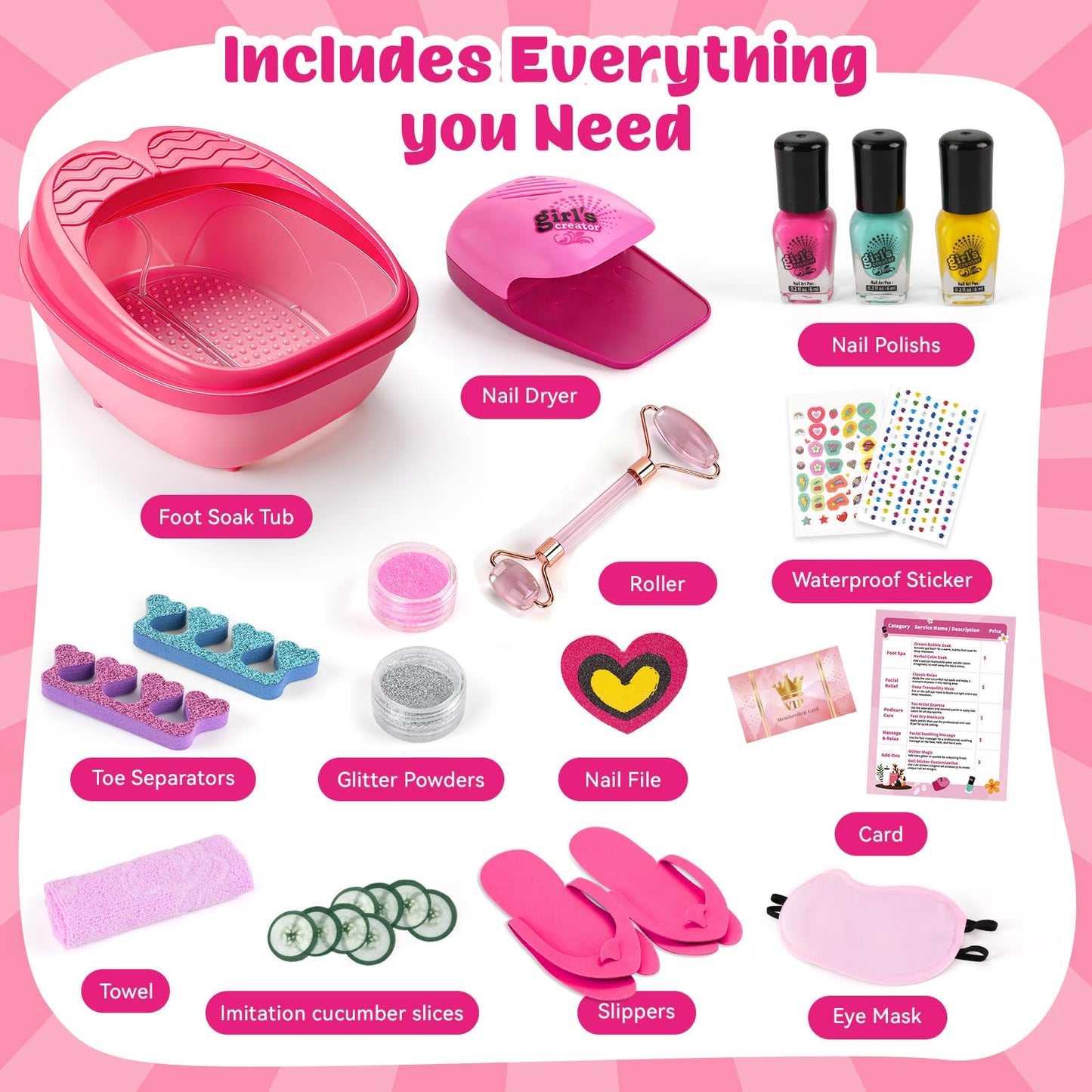 AuntyFey Kids Spa Day Kit for Gilrs, Kids Foot Spa Kit 6-8-12 with Rainbow Light Massage Foot Soak Tub, Girls Pedicure Spa Kit For Kids With Kids Spa Set For Girls Party Birthday Gift