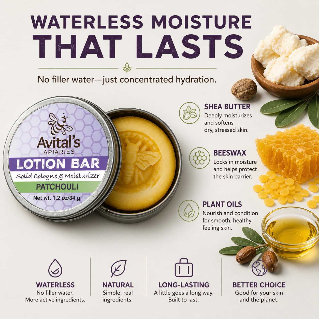 Avital's Apiaries Patchouli Lotion Bar – Solid Moisturizer with Shea Butter & Beeswax – Natural, Plastic-Free Body Lotion for Dry Skin – Travel-Friendly, Waterless Skincare