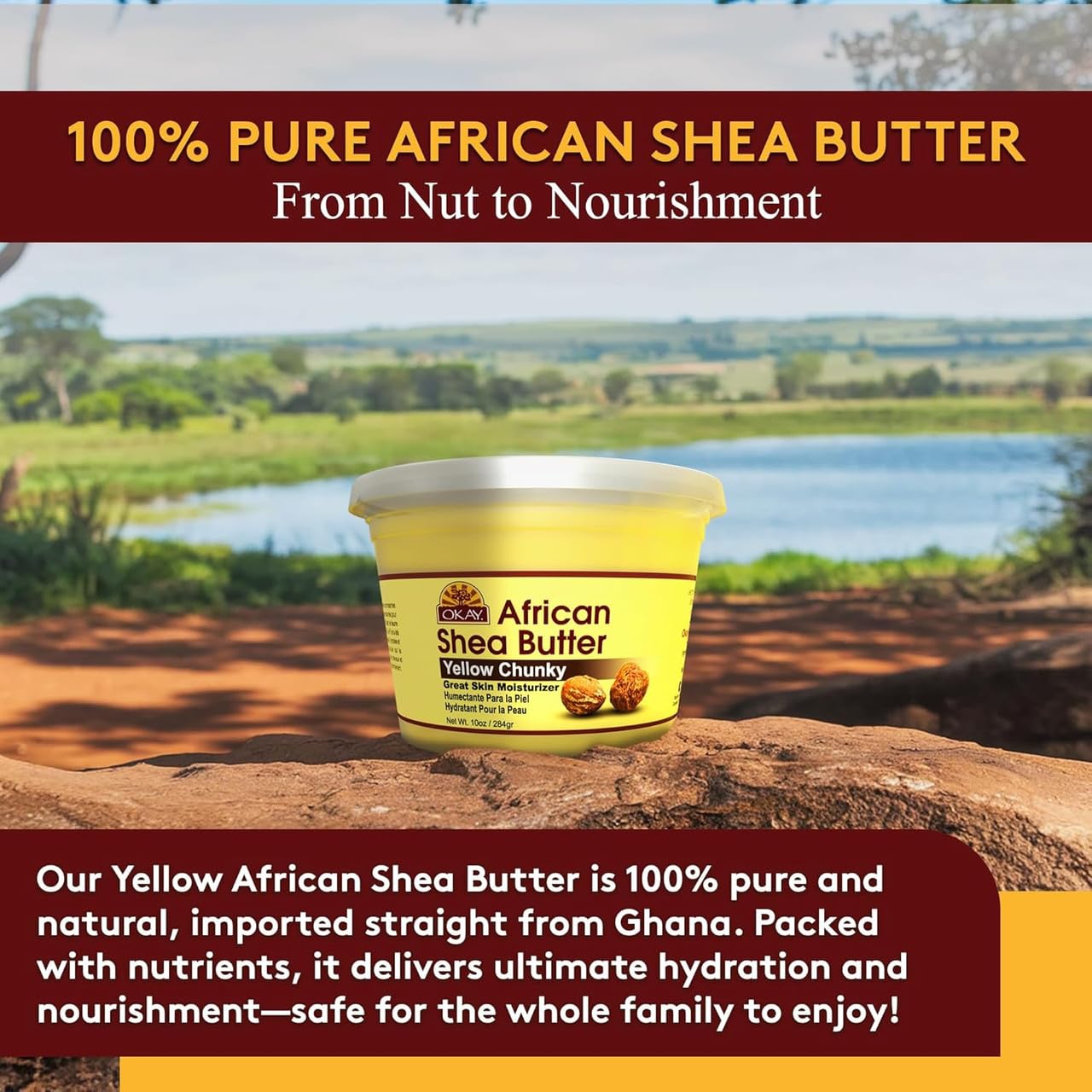 OKAY Raw African Shea Butter Yellow chunks10 oz – 100% Pure Unrefined Moisturizer for Face, Body & Hair – Deep Hydration for Dry Skin, Stretch Marks, Scalp Care & Hair Shine