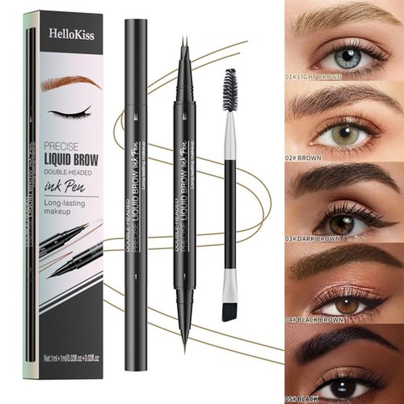 9708 2-Tip Double-Ended Eyebrow Pen, 2-in-1, with Eyebrow Brush. Waterproof and Sweat Proof,Precise Liquid Brow, 5 Shades, Long-Lasting (3#Dark Brown)