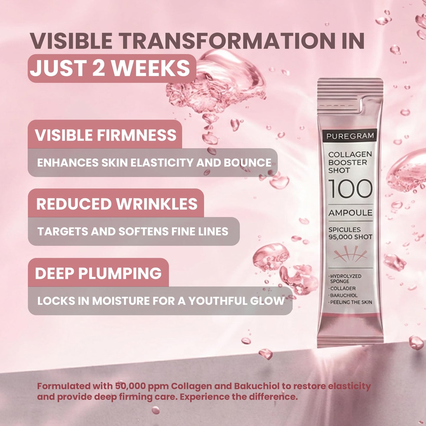 PUREGRAM Collagen Booster Shot 100 Ampoule, Daily Spicule Microneedling Collagen Serum for Skin Texture, Elasticity Look & Healthy Glow with Bakuchiol, Korean Skincare (0.07 fl oz x 6)