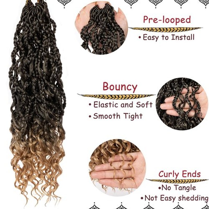 Beverlee Boho Box Braids 8 Packs Goddess Box Braids 12 Inch Bohemian Box Braids Crochet Hair Crochet Box Braids with Curly Ends Pre-looped Synthetic Crochet Hair for Black Women T27#