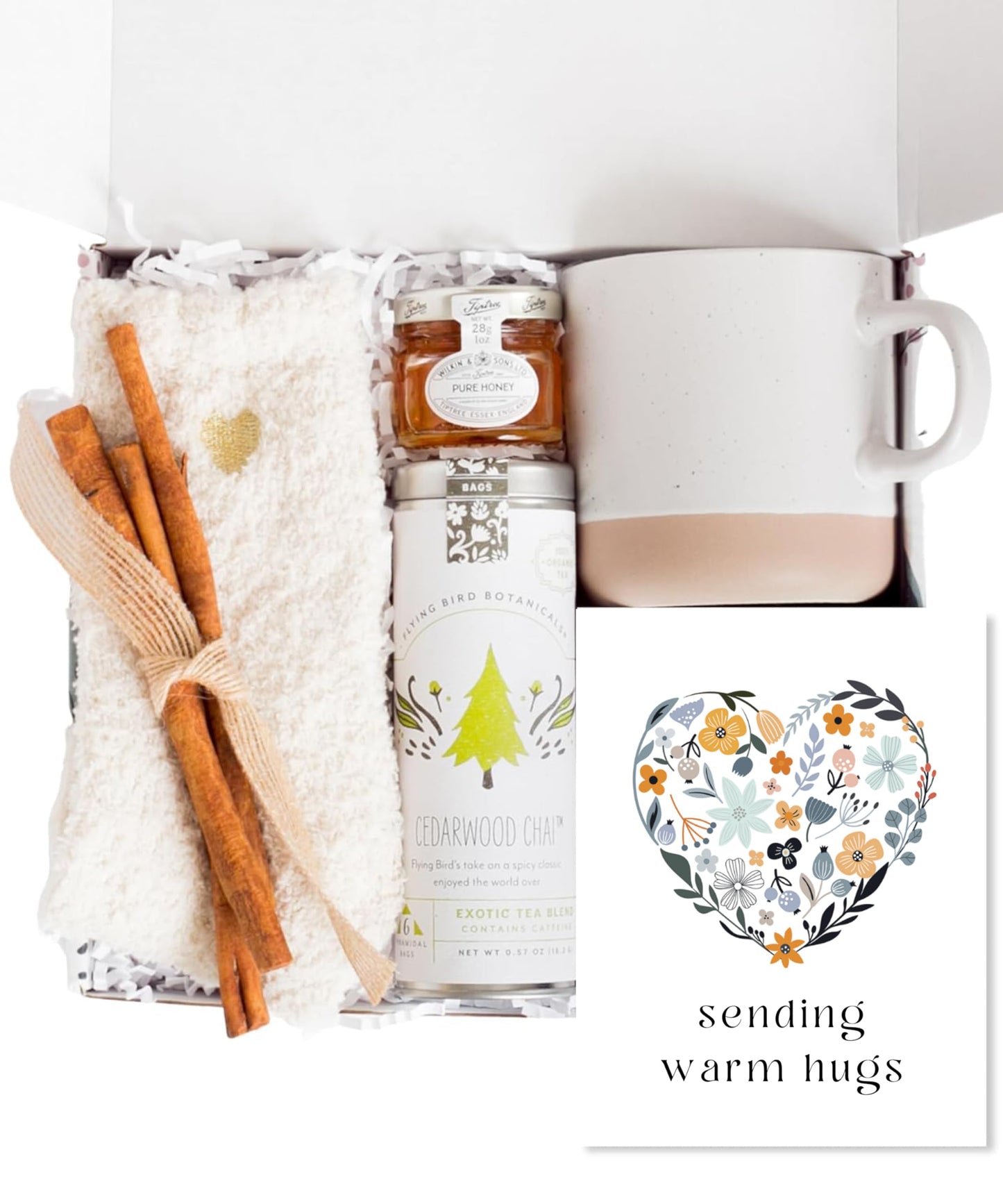 UnboxMe Tea Gift Basket for Women - Valentines Self Care Box with Cozy Socks, Mug, Chai Tea, Honey & Cinnamon, Relaxation Care Package