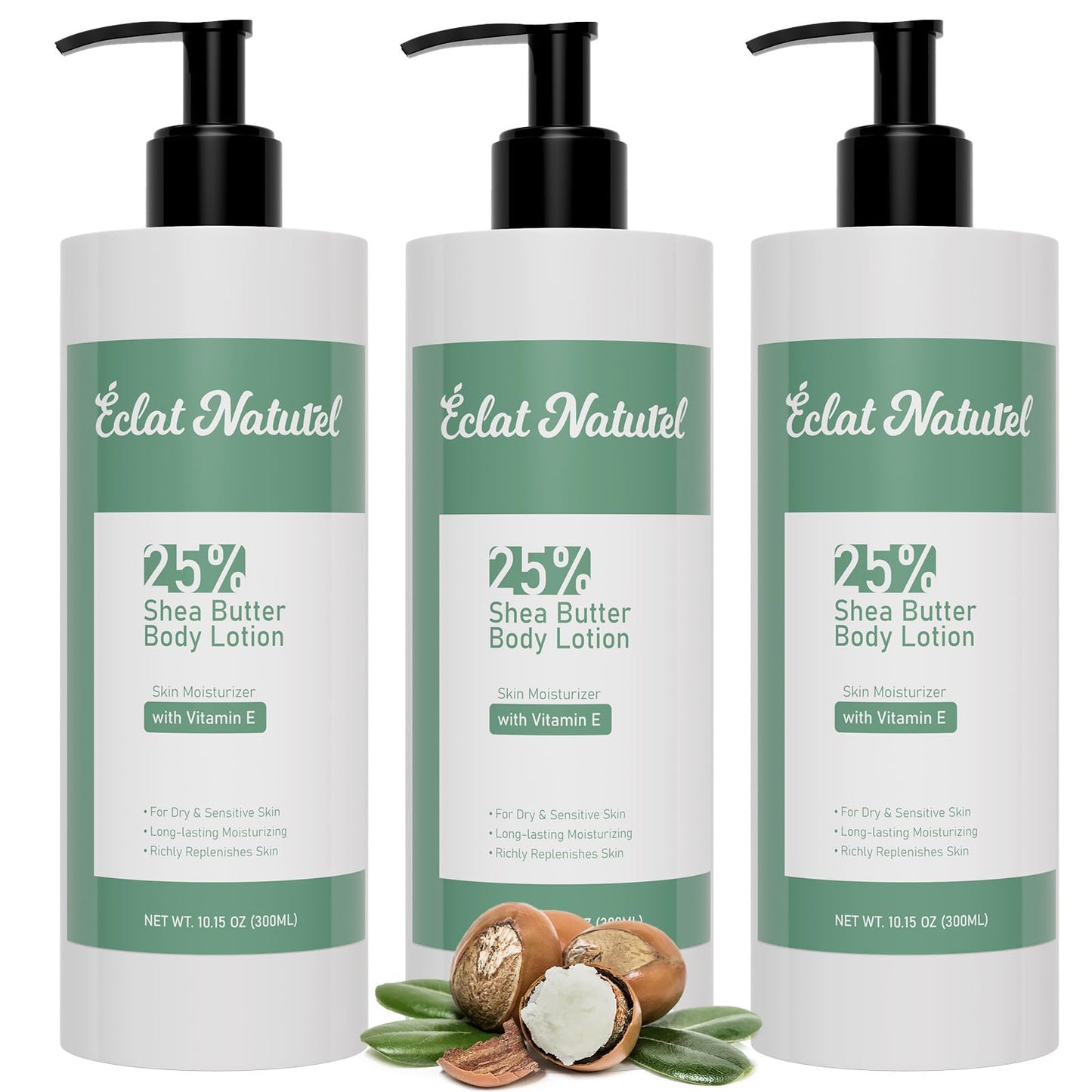 ÉCLAT NATUREL Shea Butter Body Lotion for Dry Skin, 25% Shea Butter Lotion with Vitamin E Moisturizer, Hydrating Nourishing Moisturizing Pump Body and Hand Cream, 10.15 Fl Oz (Package of 3)