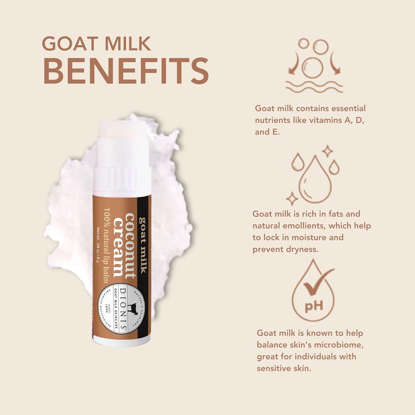 Dionis - Goat Milk Skincare Scented Lip Balm, Set of 6 (0.28 oz), Moisturize Dry and Chapped Lips, Cruelty-free and Paraben-free (Vanilla Bean)