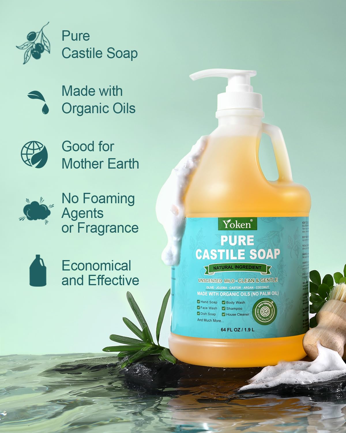 Yoken Pure Castile Liquid Soap 64 Oz Unscent Body Hand Wash Dish with Pump