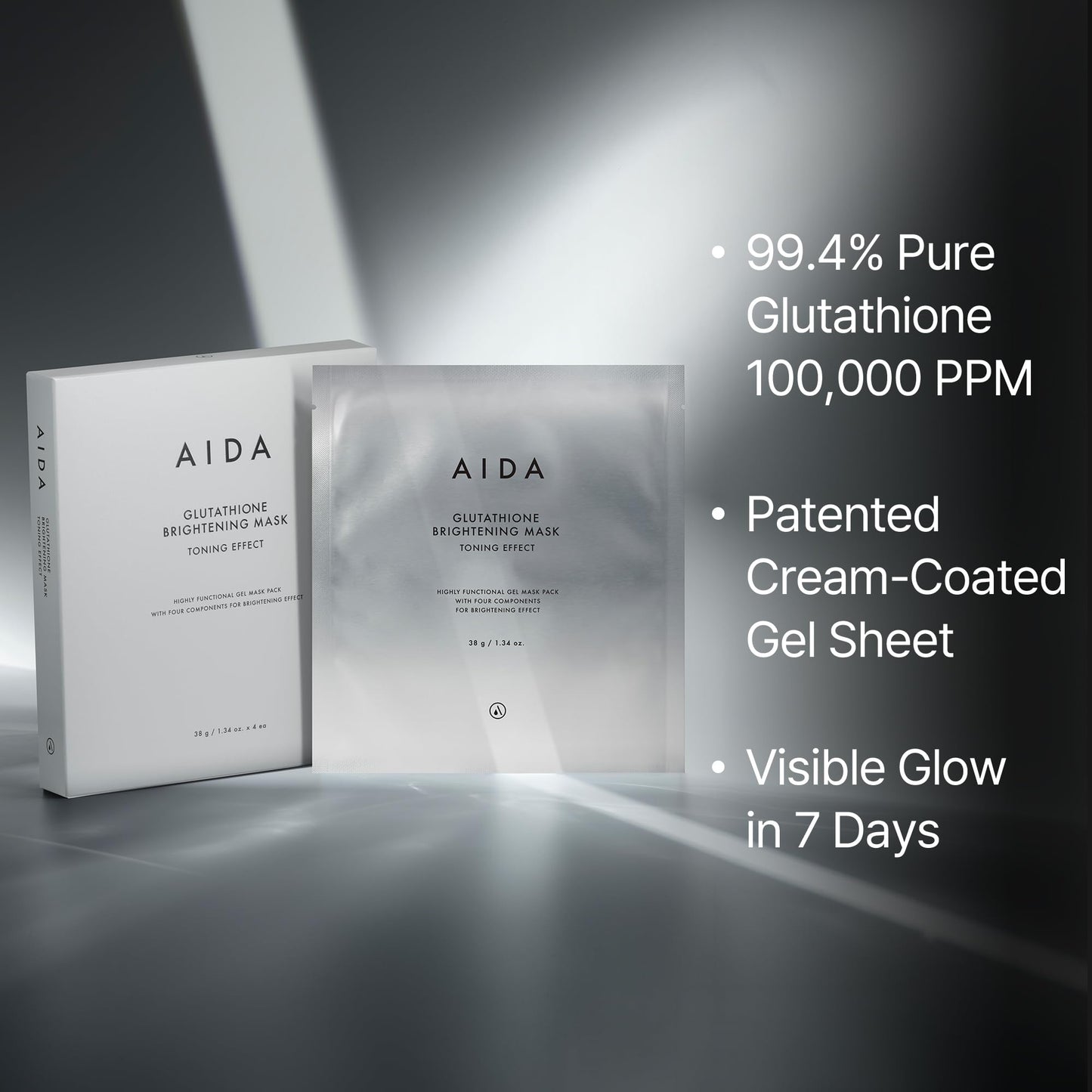 AIDA Glutathione Brightening Facial Mask, Glow Skin & Dark Spot Care, 99.4% Pure Glutathione Liposomes, Hydrating Korean Sheet Mask for Uneven Skin Tone, Korea Skincare,1.34oz(38g) 4EA