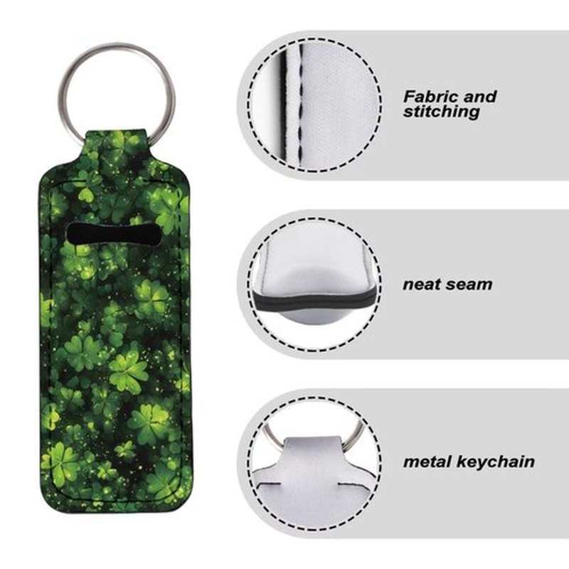 SEANATIVE St. Patrick's Day Green Leaf 5 Pieces Lipstick Keychain Holder Lip Balm Holder Keychain Clip on Sleeve Chapstick Lip Gloss Holder Colorful Lipstick Pocket Keychain Bag Accessories for Women