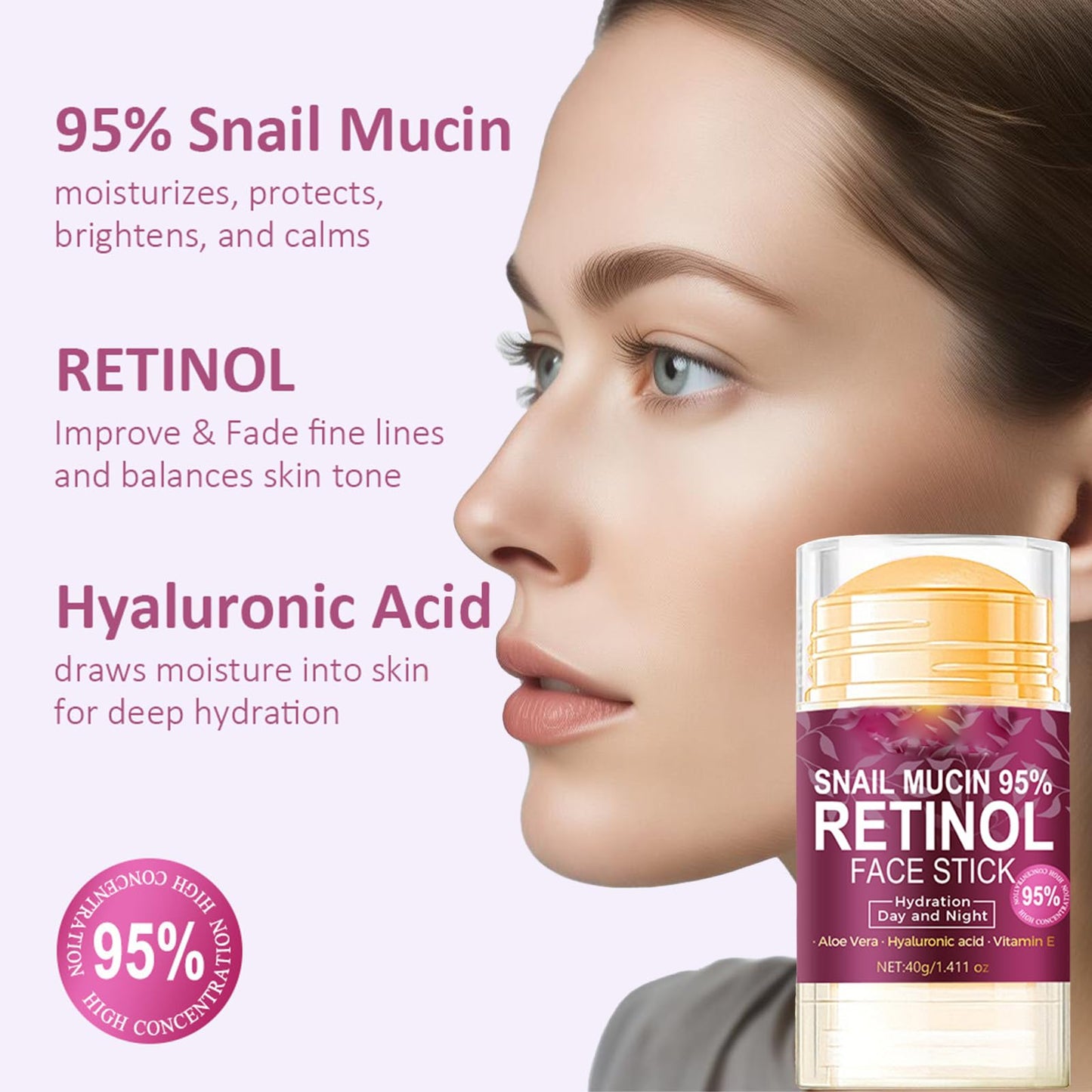 Retinol Face Stick, Hyaluronic Acid Face Moisturizer with 95% Snail Mucin Lifting & Firming Anti Wrinkle Facial Moisturizer Balm Stick Deep Hydration Anti Aging Repair Cream for All Skin Types 1.41oz