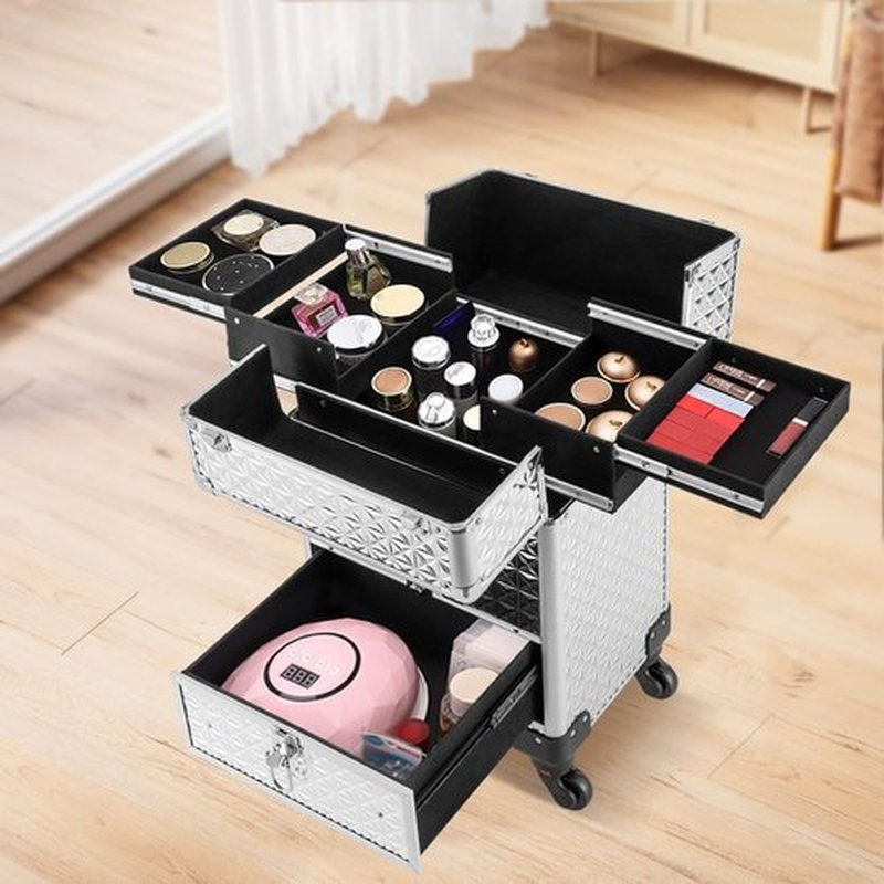 Rolling Makeup Train Case with Drawers&4 Wheel, Professional Aluminum Cosmetic Trolley Cases, Manicure Storage Case Trolley Makeup Case, Portable Beauty/Hair Styling Travelling Cart Trunk (Silver)
