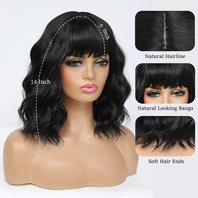Amarlis Short Black Wigs for Women, 14 Inch Bob Curly Wig with Bangs, Natural Looking Heat Resistant Synthetic Fiber Bob Wigs for Cosplay Daily Party Use