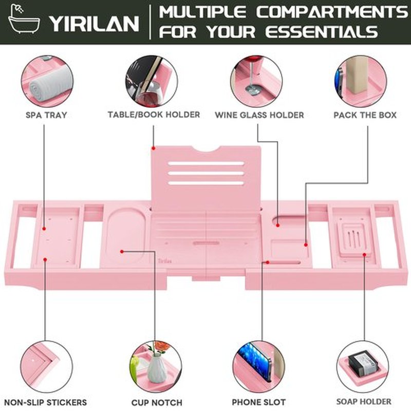 Yirilan Premium Bathtub Tray Caddy - Expandable Bath Tray - Unique House Warming Gifts, New Home, Anniversary & Wedding Gifts for Couple, Bridal Shower Gift for Women-Pink