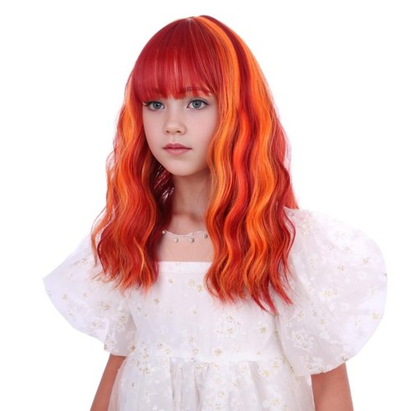 Edivd Orange Mixed Red Wig for Child Kids Short Orange Red Wig with Air Bangs Short Wavy Curly Flame Wig for Girls Heat Resistant Synthetic Wig with Wig Cap