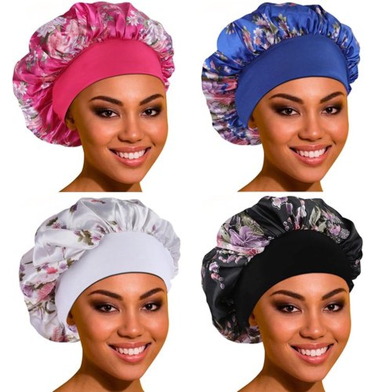 Satin Bonnet Hair Bonnet for Sleeping- 4 Pack Large Silk Bonnets for Black Women with Elastic Soft Band for Hair Care
