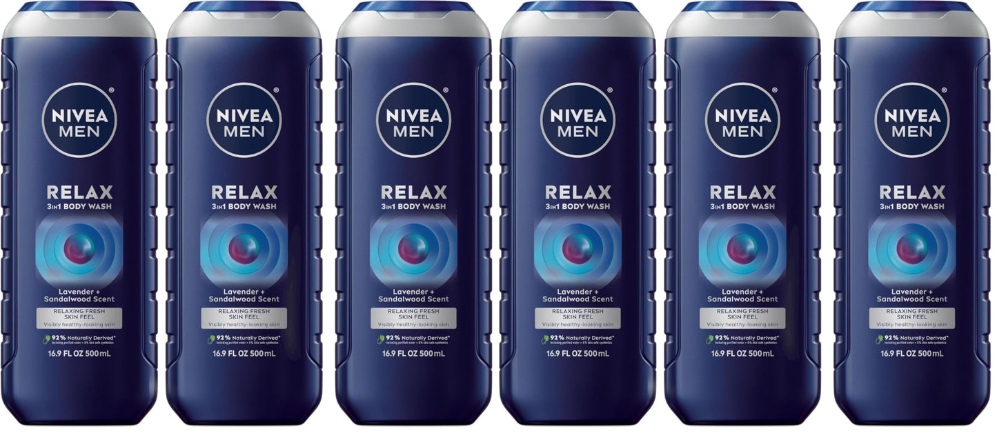 Nivea Men Relax 3-in-1 Body Wash, Lavender and Sandalwood Scented Men's Body Wash Cleanses Face, Body and Hair, 16.9 Fl Oz Bottle, Pack of 6